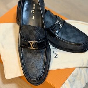 Louis Vuitton Black Checkerboard Leather Men’s Loafers with LV Hardware
